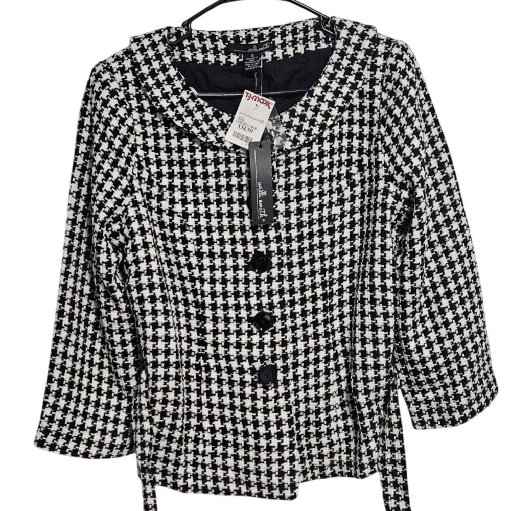 Willi Smith Houndstooth Button Up Peplum Jacket Belt Size 12 Black White